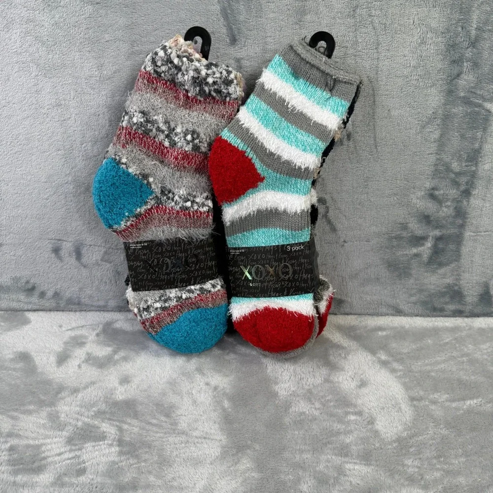 XOXO Womens Fuzzy Socks 6 Pairs 2 Packs Soft Cozy Striped Multi Color Size 4-10